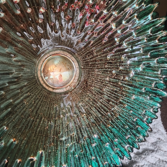 🦋Beautiful Sunburst Glass Accent Bowl Glossy Teal Gold Silver - Picture 6 of 15